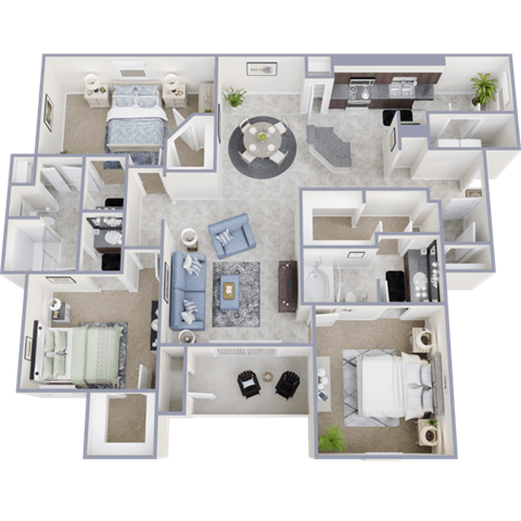 A detailed 3D floor plan of a house layout.